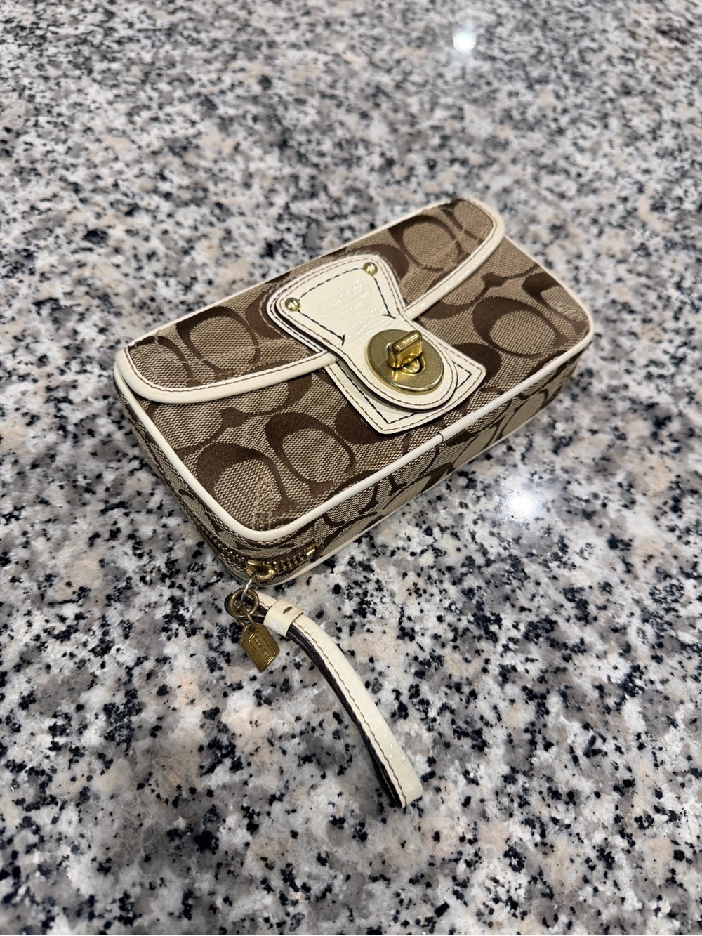 Coach Brown and Cream Signature Canvas Turnlock Travel Jewelry Case